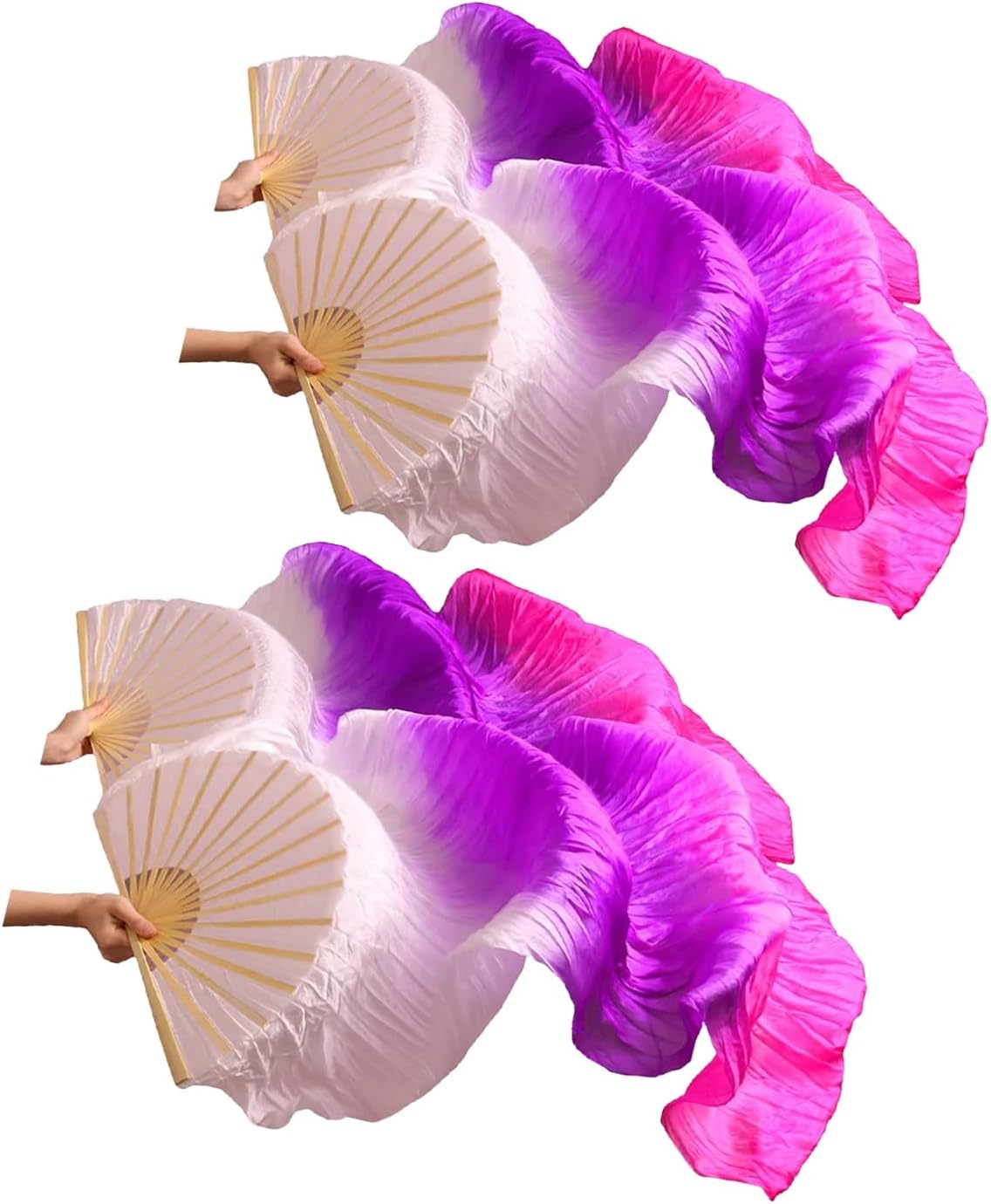 2 Pairs Silk Belly Dance Fans, Faux Silk Belly Dance Fan Veils,Silk Fans for Dancing Performances Long Belly Dance Silk Fan