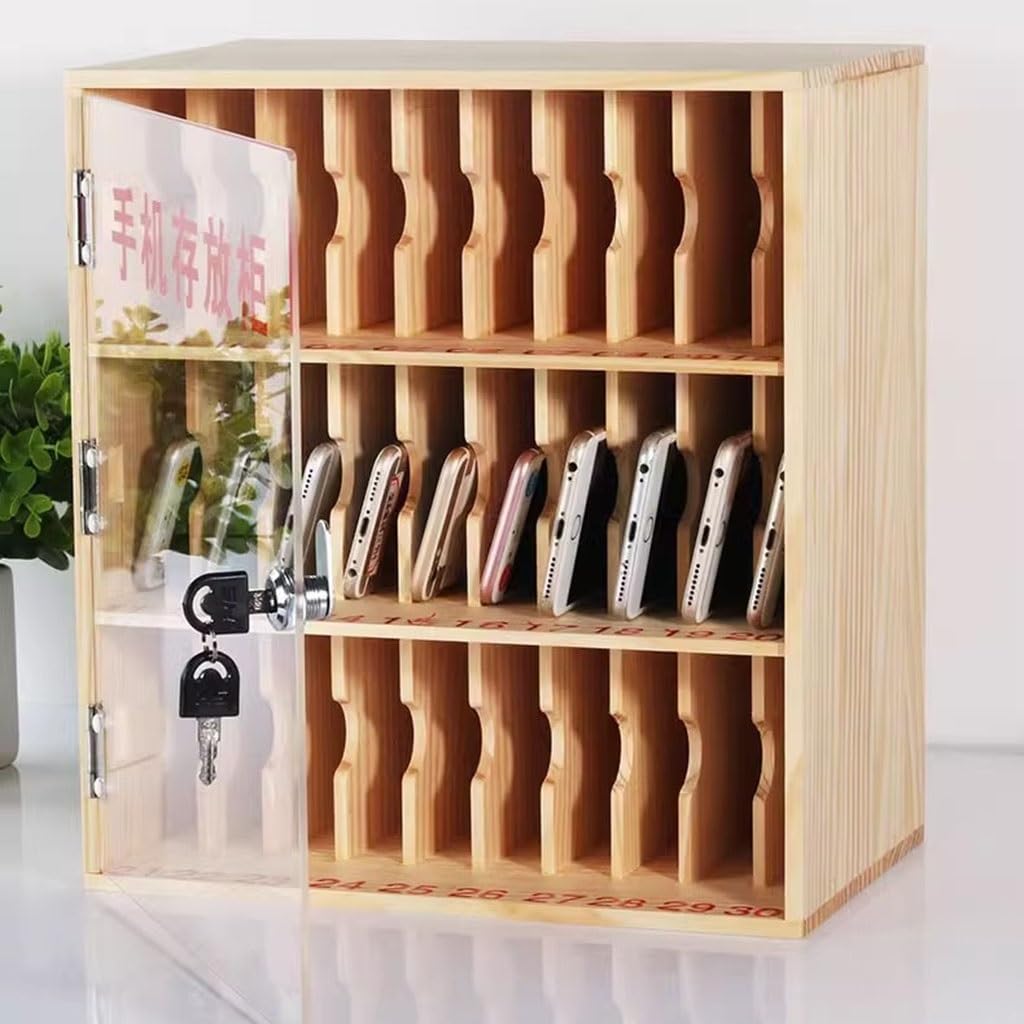 36 Slots Wooden Mobile Phone Storage Cabinet - Wall-Mounted Locker with Lock for Schools, Offices, and Classrooms