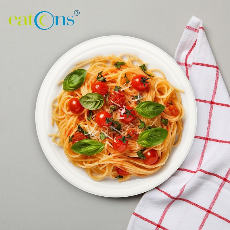 Image of EATONS 10 inch, 50 Pack Disposable Bagasse Plates | Eco-Friendly, Disposable Plates Big Size | Dinner Paper Plates | Birthday, Wedding & Party | Round, White