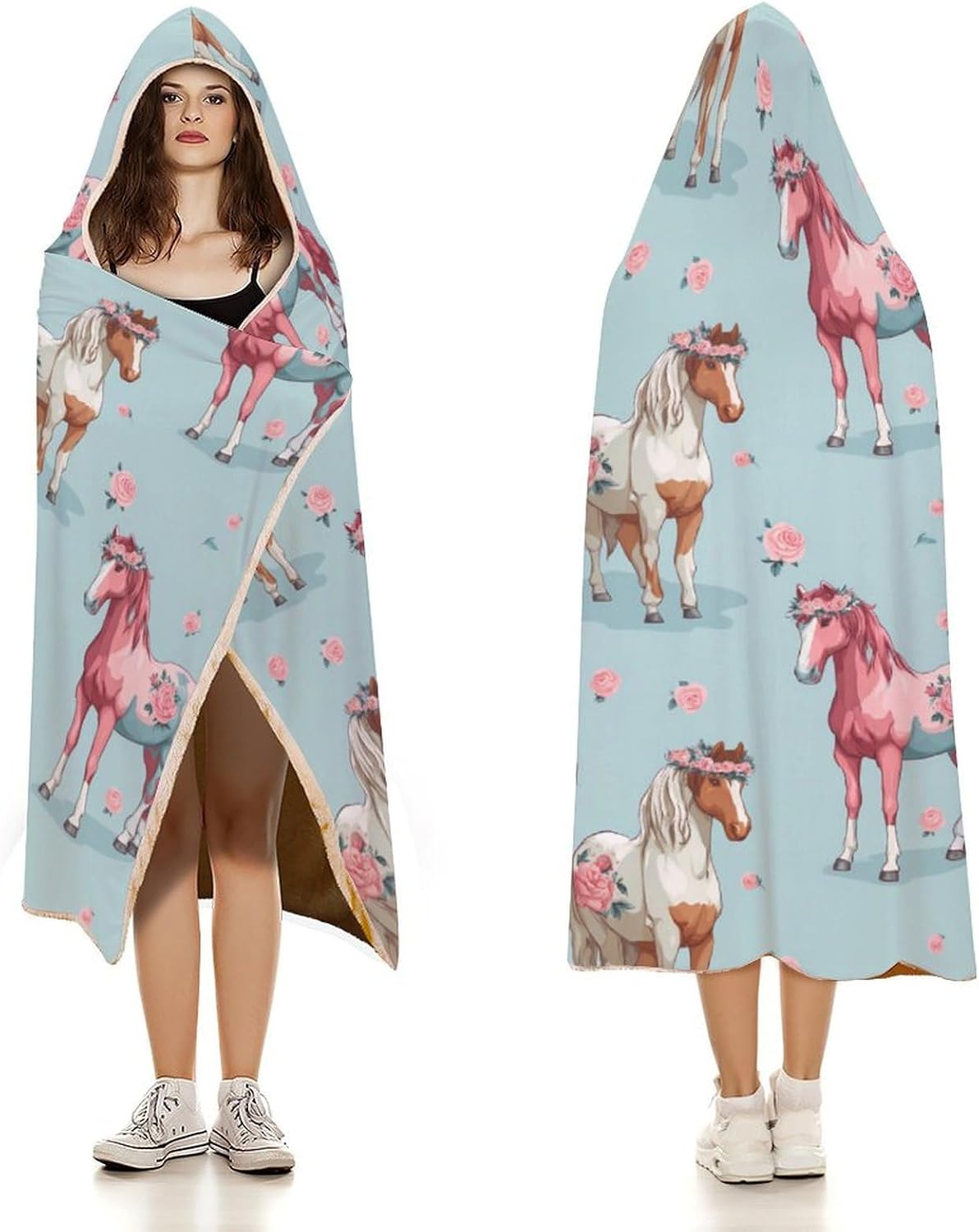 Horse Farmhouse Wearable Blanket Oversized Throw Cape | Cozy Hooded Blanket Gifts for Women Men