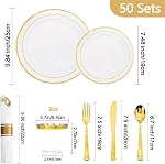 350 Piece Dinnerware Set for Wedding & Party,50 Guest RimPlastic Plates,50 Plastic Silverware,50 Cups,50 Linen Like Napkins (Gold)