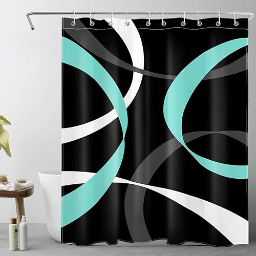 LB Abstract Geometric Shower Curtain for Bathroom,Teal Grey and White Striped on Black Background Fabric Shower Curtain with Hooks,Modern Aesthetic