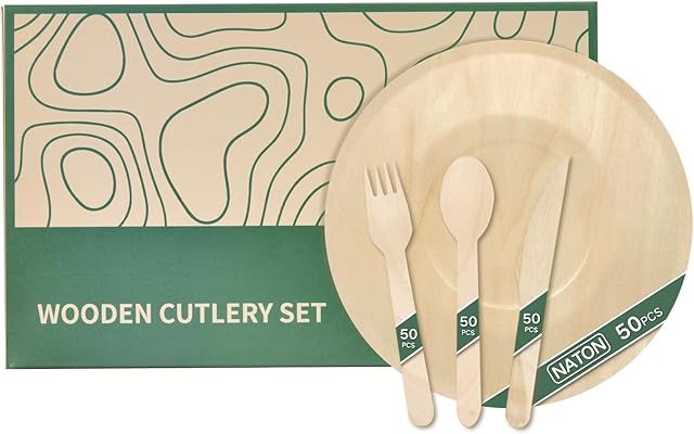 NATON 200Pcs Disposable Plates and Wooden Cutlery Set, Biodegradable Plates Set,50x 8 Round Plates,50x Forks, 50x Knives, 50x Spoons for Dinner,Party,Wedding,Christmas Tableware