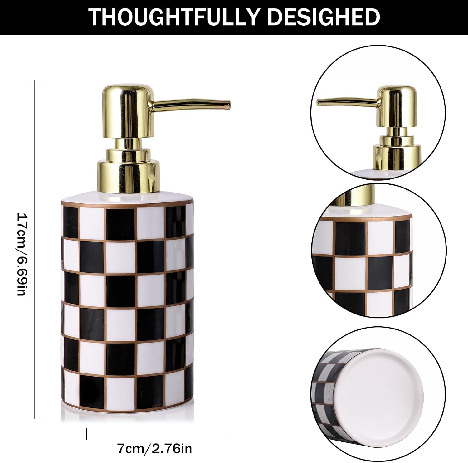 Bathroom Soap Dispenser,Gold Pump Ceramic Soap Dispenser,Kitchen Empty Pump Bottle,Bath Countertop Storage Organizer,Grid Pattern Bathroom Decor (Black)