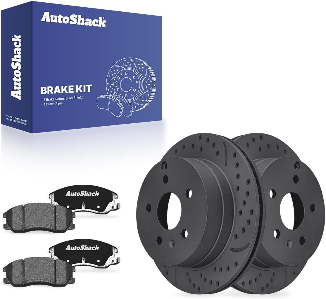 AutoShack Rear Brake Rotors & Ceramic Pads for Chevrolet, Equinox 2010-2017, AWD FWD L4 2.4L V6 3.0L 3.6L - Coated Drilled & Slotted - Black Matte Finish - BlackShield - 11.93" (302.9 mm), 5-Lug