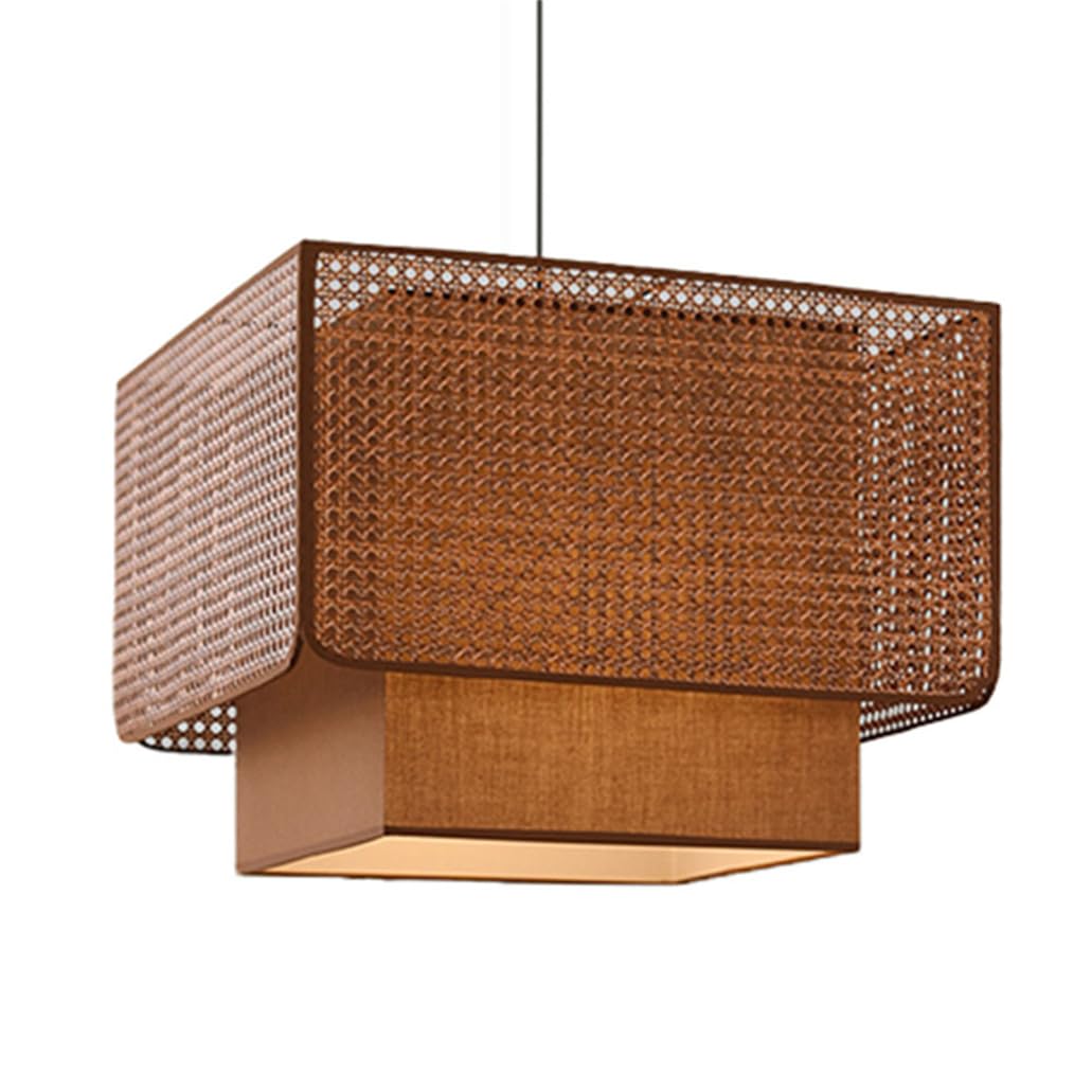 CSSYKV Brown Pendant Light Large Bamboo Linen Lampshade Double-Layer Drum Shade Rattan Basket Ceiling Handwoven Pendant Lamp for Dining Room Living Room Hallway Staircase Coffee (E26 Bulb)