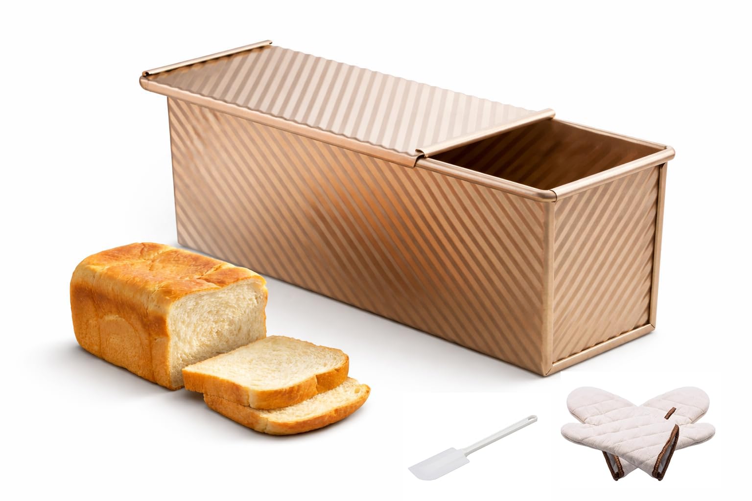 Brotbackformen Toast Brot Backform,Pfanne Brot Laib Dose mit verschiebbarem, für Brote, Kuchen, Gebäck, inklusive 1 Silikonspatel und 1 Hitzeschutzhandschuhe,38x13.5x12.5cm