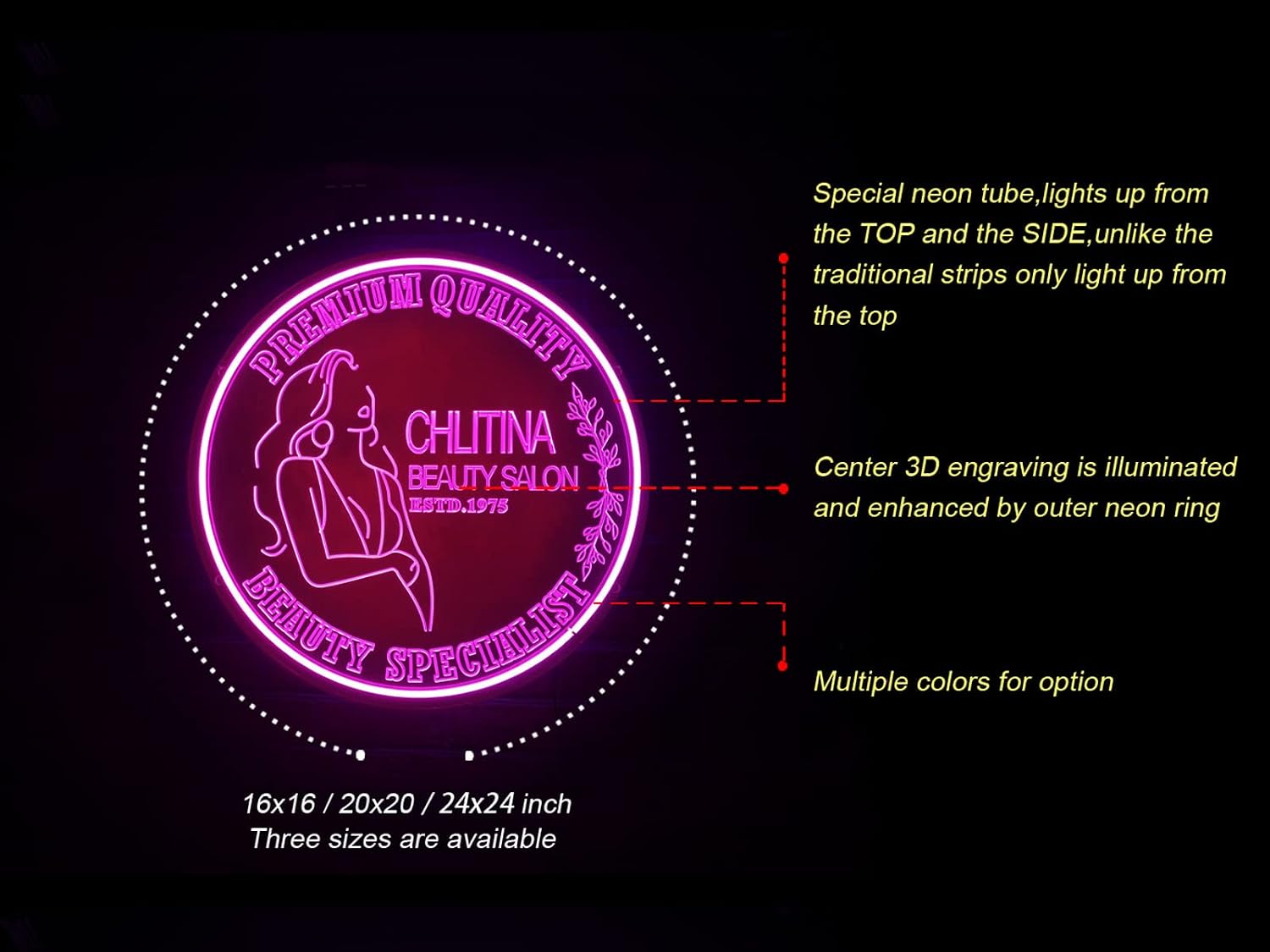 Personalized Beauty Salon Neon Sign, Custom Nails Hairs Spa Beauty Studio Neon Lights, Wall Décor Business Logo LED Sign for Beauty Shop Advertising Art Light, 16” Round