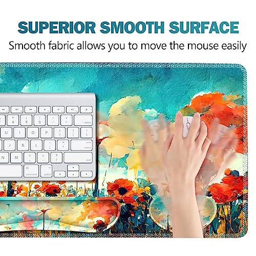 Image of ARTSO Gaming Mouse Pad Wrist Support Set, XXL Large Desk Mat Mousepad + Keyboard Wrist Support+ Mouse Wrist Rest+Coaster 4in1 Ergonomic, Stitched Edge for Home Office -Oil Painting Flowers Plants