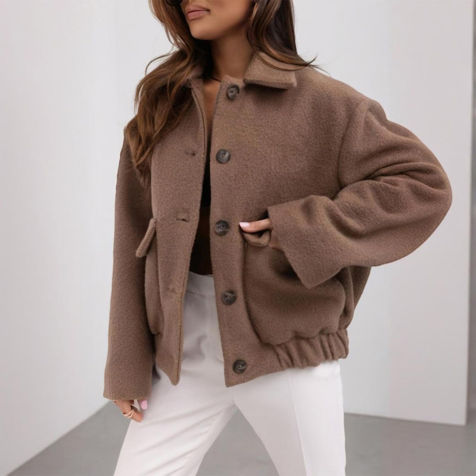 Kurzer Trenchcoat Damen Wolle Kurzmantel Elegant Kurzblazer mit Knöpfen Langarm Business Casual Übergangsjacke Revers Frauen Wolljacke Kurz Freizeitjacke Fleece Damenjacken für den Übergang