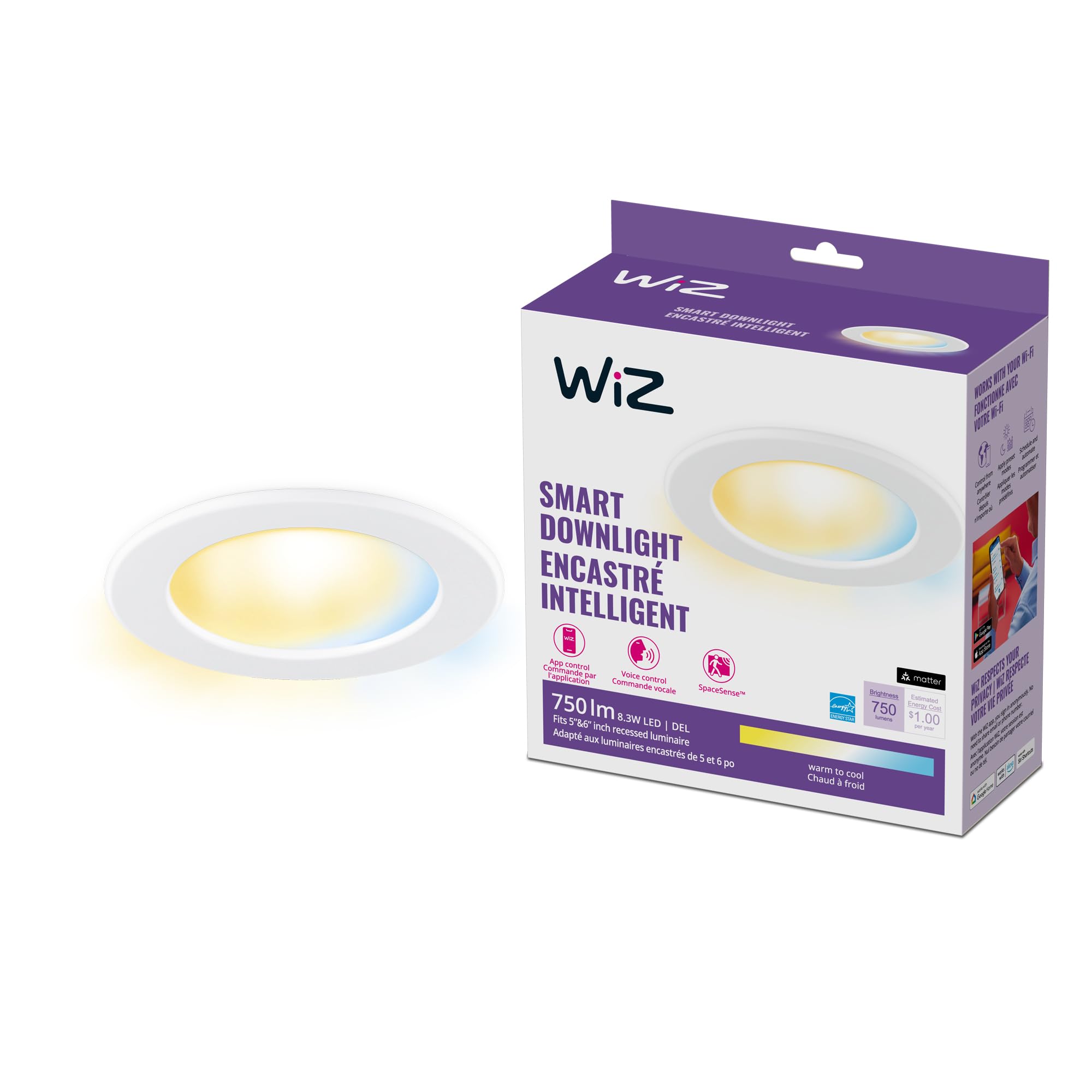 WiZ Retrofit Downlight - 6 inch LED Recessed Light Fixture - Motion Activated Recessed Light - 750 Lumen - Connects to your Wi-Fi - Control with Voice or App - Matter Compatible LED Lights - 1 Pack