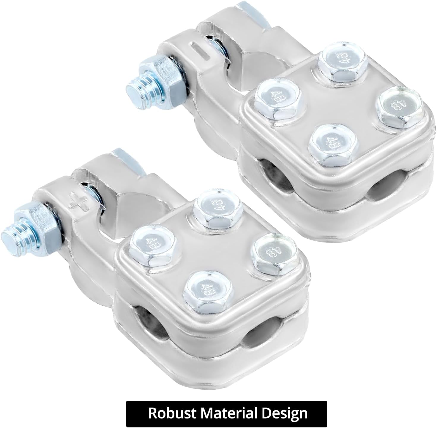 QWORK No-Crimp Three-Way Battery Terminal for Positive & Negative Connection - Versatile Cable Entry, Fits 2-4/0 Ga Wire, Easy Installation, 1 Pair (+,-)