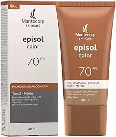 MANTECORP - Protetor Solar Facial Episol Color FPS 70 - Efeito Base, Alta Proteção UVA e UVB, Toque Seco, Rápida Absorção - Tom 3 Médio - 40ml