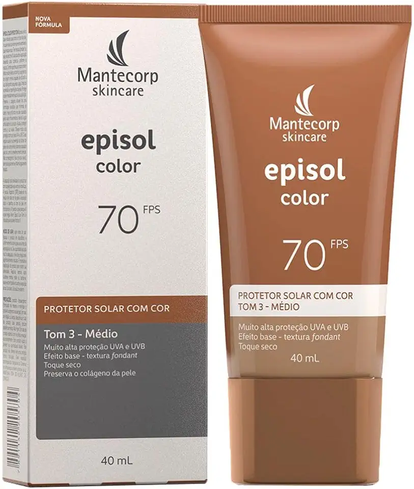 MANTECORP - Protetor Solar Facial Episol Color FPS 70 - Efeito Base, Alta Proteção UVA e UVB, Toque Seco, Rápida Absorção - Tom 3 Médio - 40ml