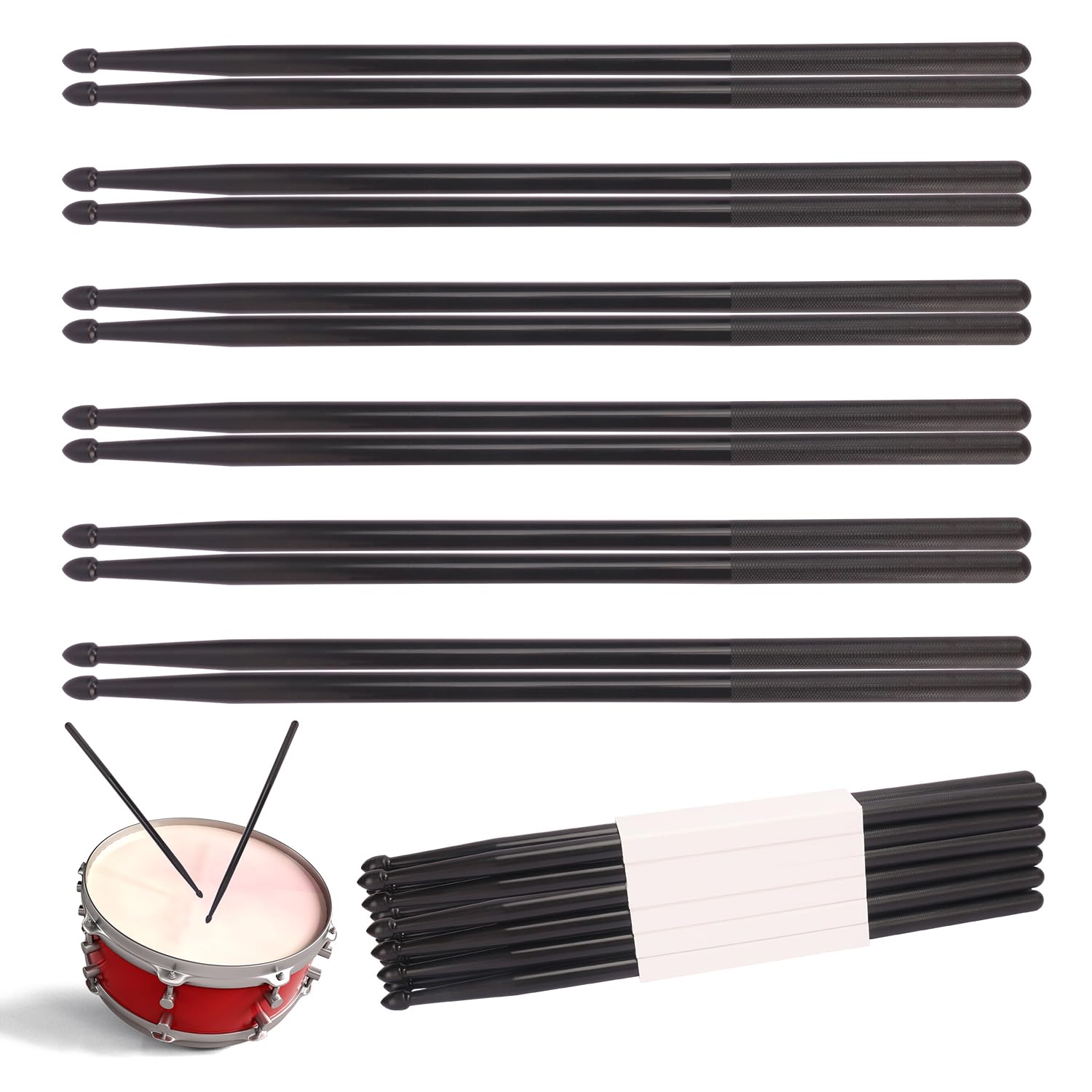 12 pares de baquetas, baquetas de batería 5A de alta calidad, antideslizantes, perfectas para práctica, rendimiento y relajación, disponibles en colores negros vibrantes KUKLIPJIM