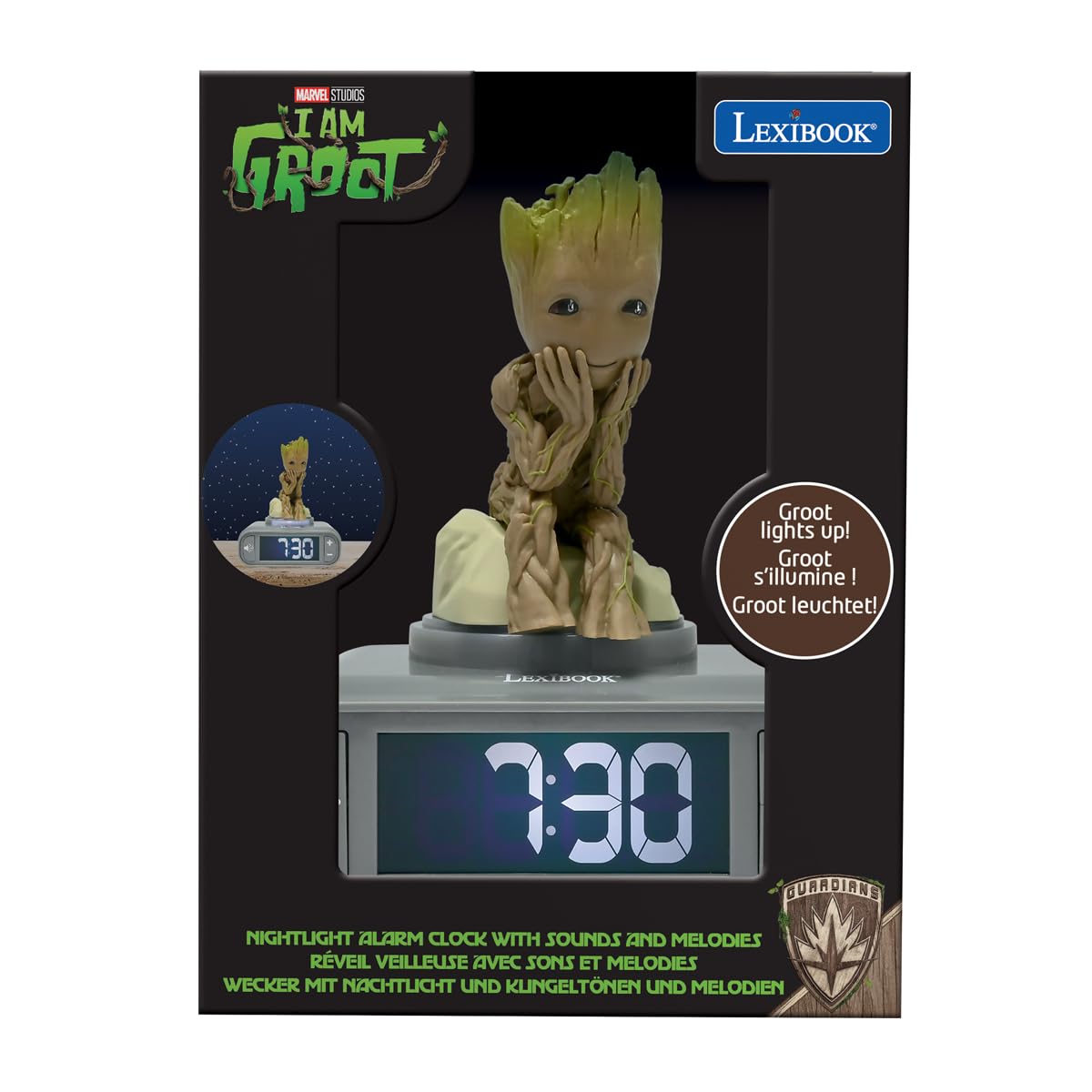 Lexibook, Marvel Guardians Of The Galaxy, Budzik Nocny Groot, Dźwięki i Melodie, Podświetlany Ekran LCD, Podświetlenie, Drzemka, Szary, Brązowy, RL800GG