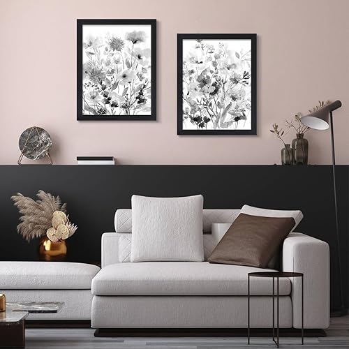 Miniatura 3 de Lienzo botánico para pared, imágenes de flores silvestres en blanco y negro, pinturas rústicas y florales, decoración de 2 paneles, arte moderno