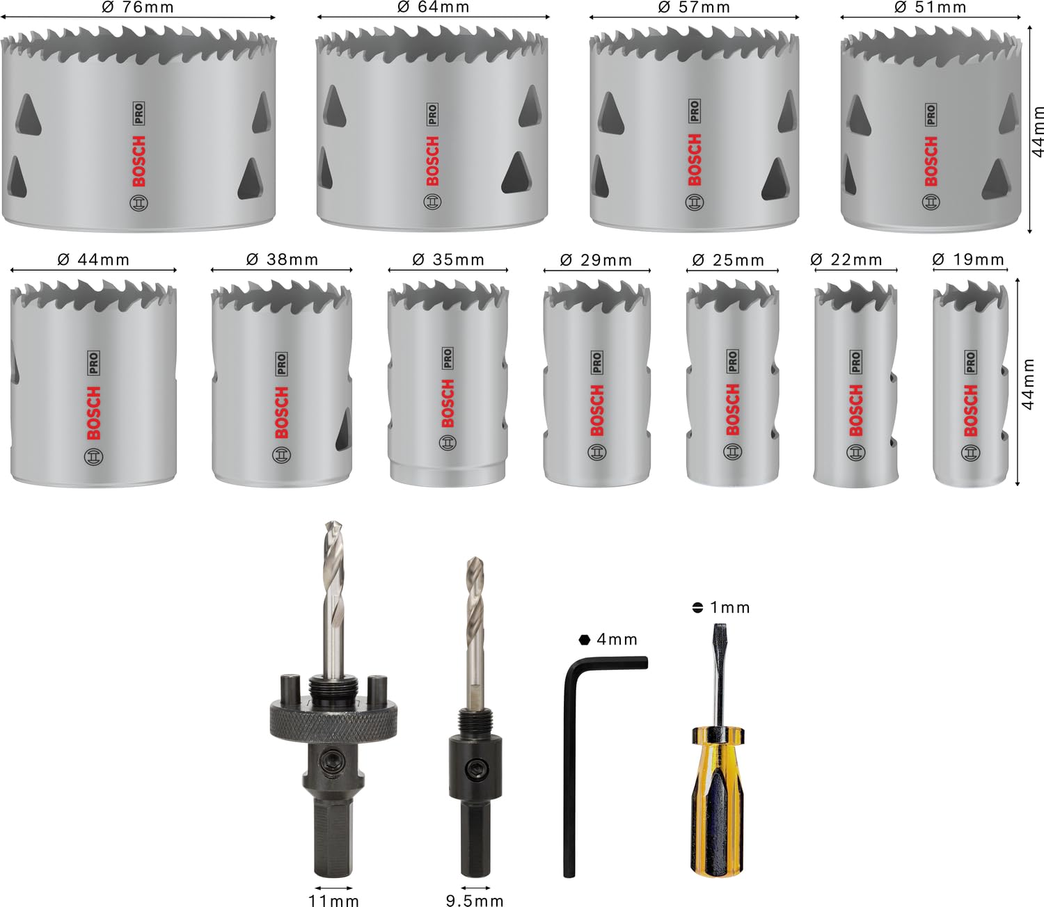 Bosch Juego de 17 sierras perforadoras multimaterial – Adaptador estándar (para madera blanda, paneles de yeso, diámetro 19, 22, 25, 29, 35, 38, 44, 51, 57, 64, 76 mm, accesorios profesionales)