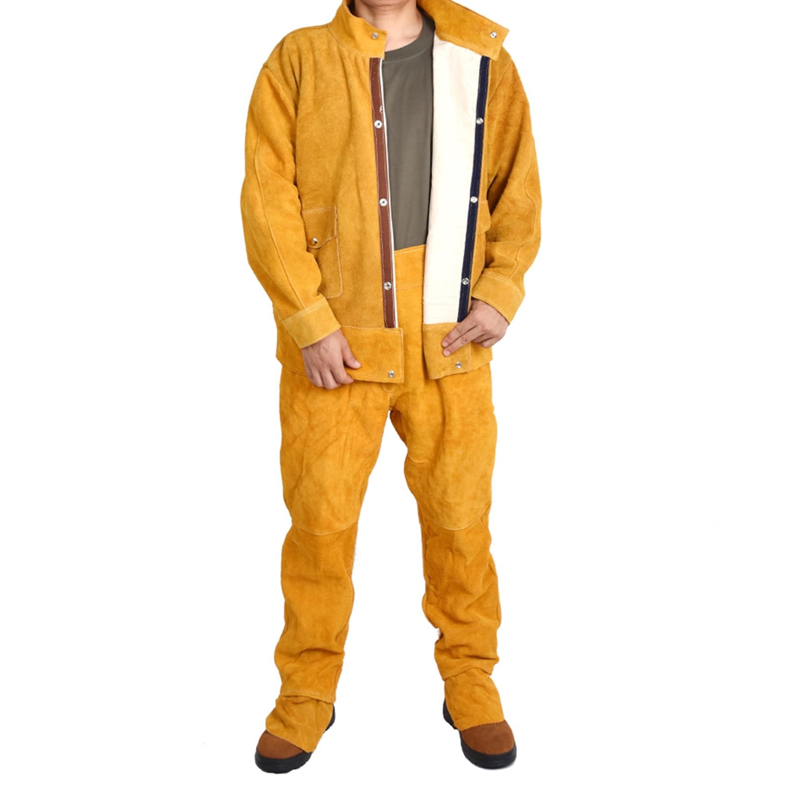 Cowhide Schweißer-Overall Für Männer Und Frauen Flammhemmende Schweißerjacke Hochbelastbar Schweißer-Lederhosen 2er Set(Orange,XXL)