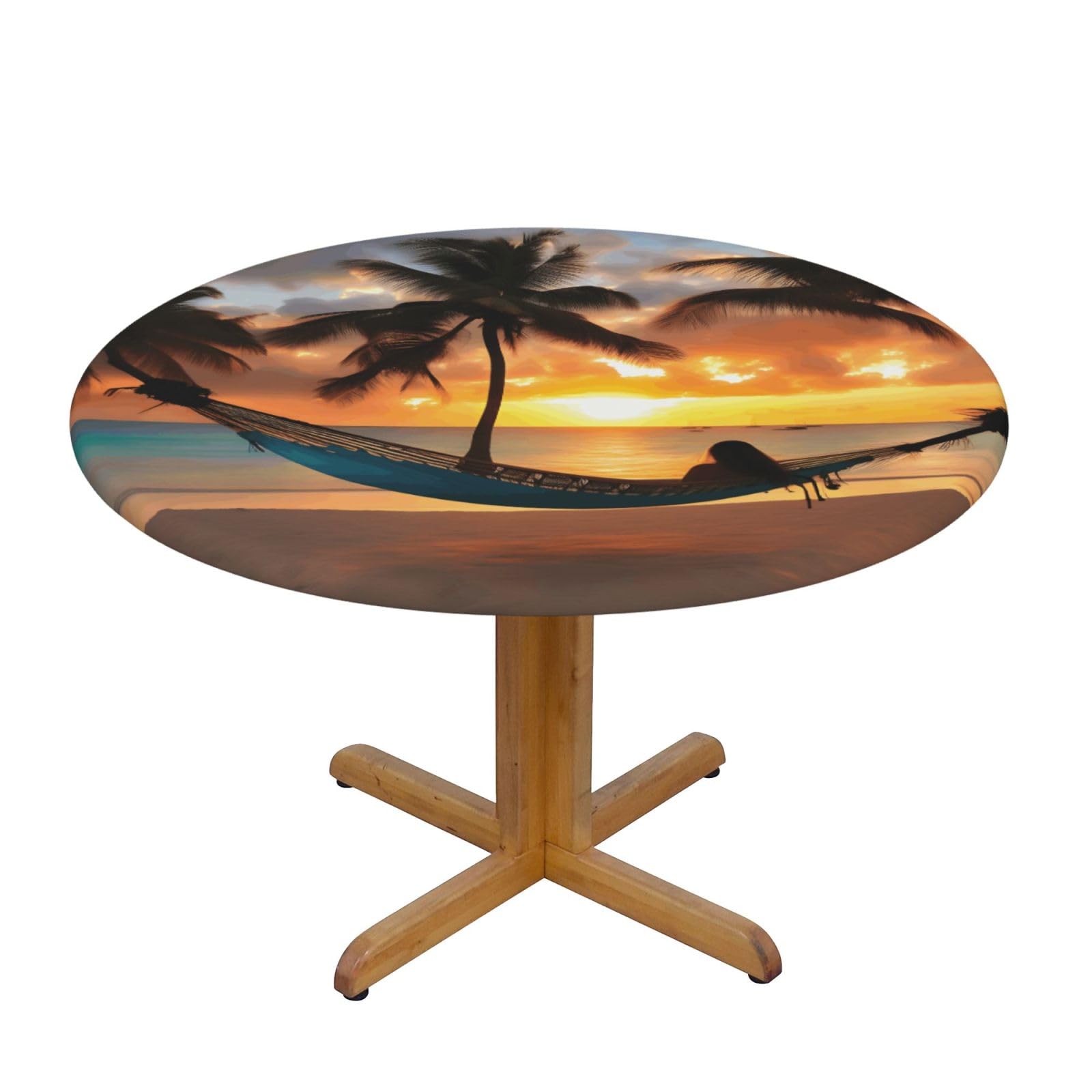 Coconut Beach Sunset Hammock Print Round Tablecloth Waterproof Table Cover Wipe Clean Washable Table Protector For Dining Room