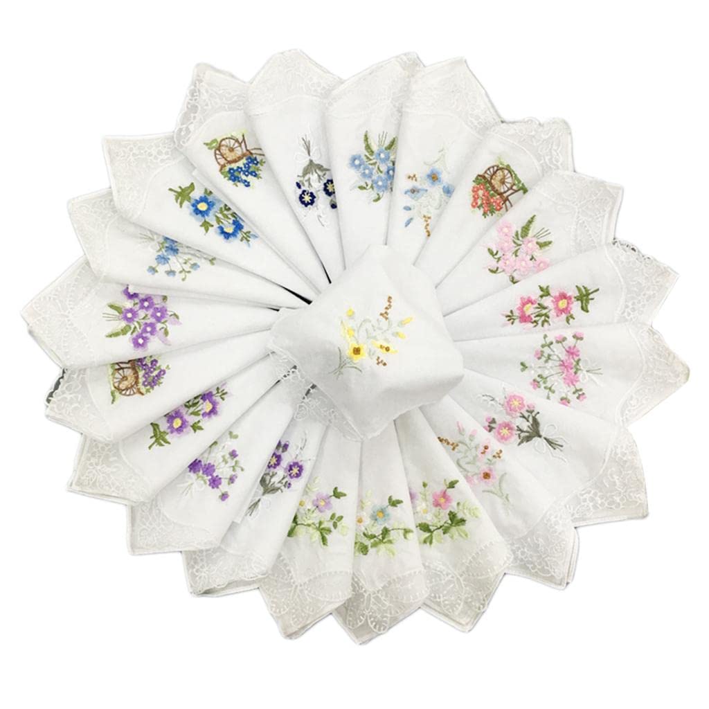 Meri SHOPP 12Set Cotton Floral Handkerchiefs Embroidered Pocket Hankie Kerchiefs Towel White Cotton Clothing Shoes & Accessories | Womens Accessories | Scarves & Wraps-image-7