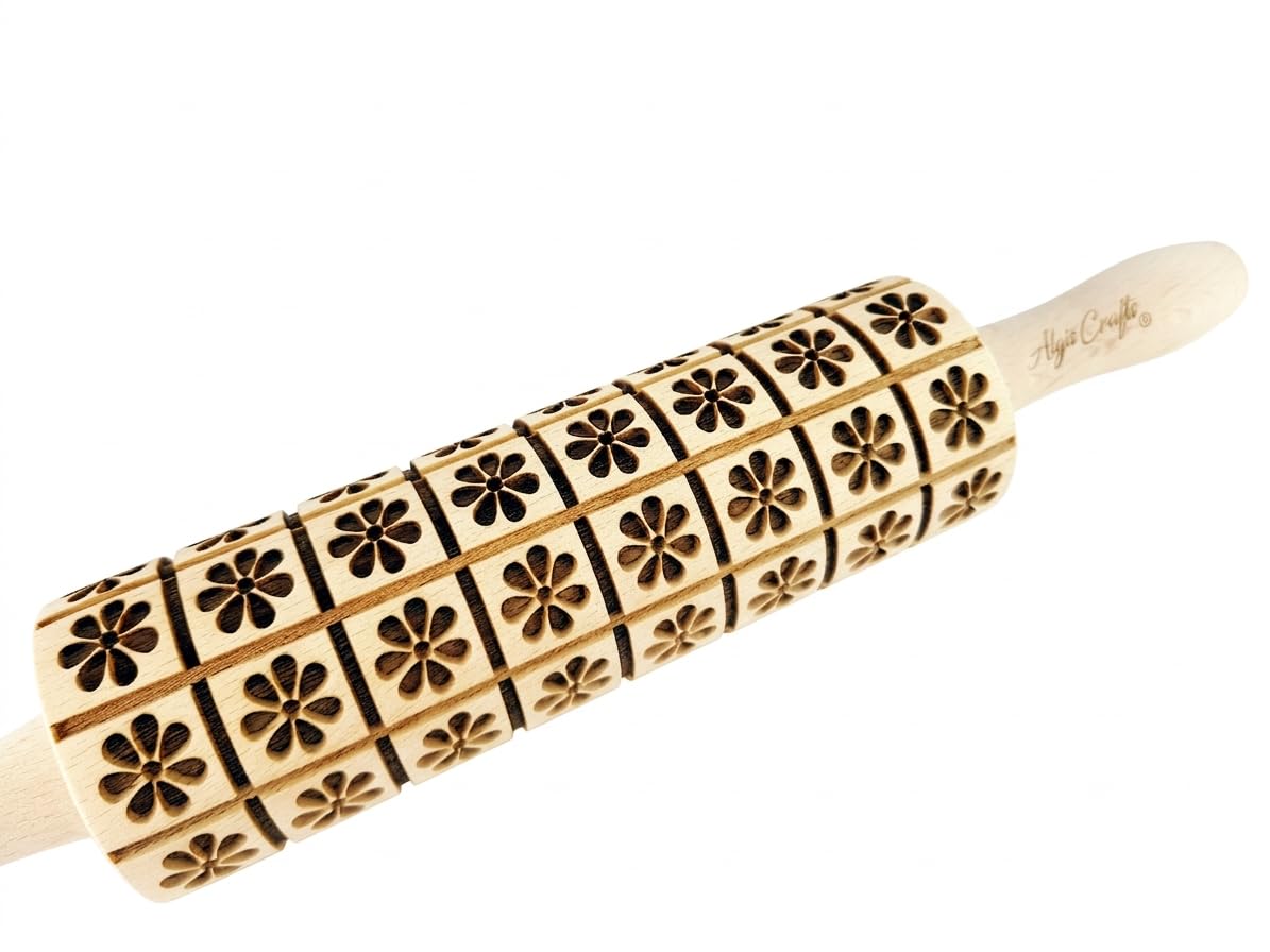 Algis Crafts - Embossed Rolling Pin for Baking Accessories with Laser Engraved Design Daisy - Beautifully Handmade Pattern Rolling Pin - Decorative Rolling Pins to Make Unique Bakes and Pottery