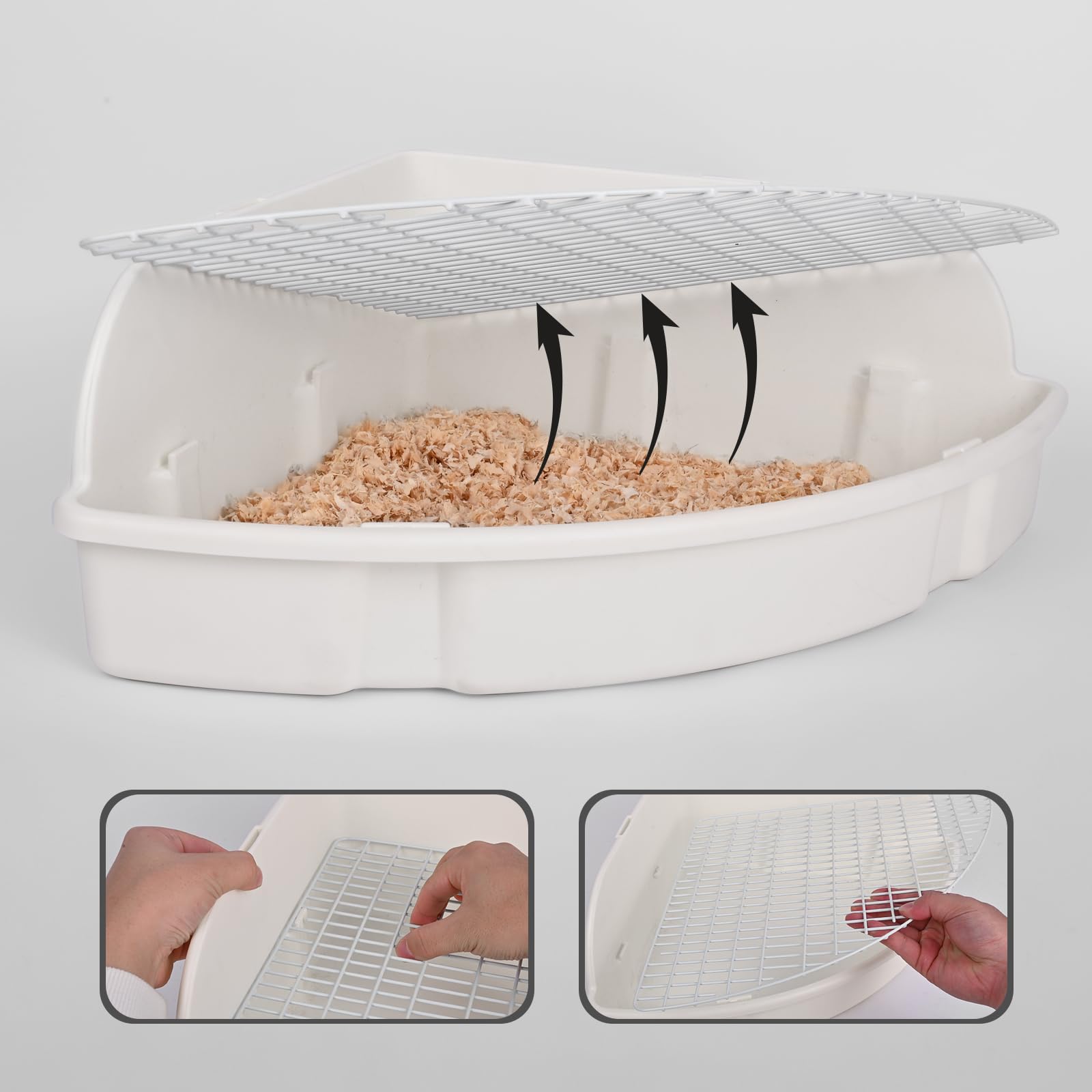 RUBYHOME Caja de arena grande para conejos, conejillos de indias, caja de arena esquinera, entrenador para orinal, bandeja para mascotas, hámster, jaula de arena en forma de abanico para cobayas