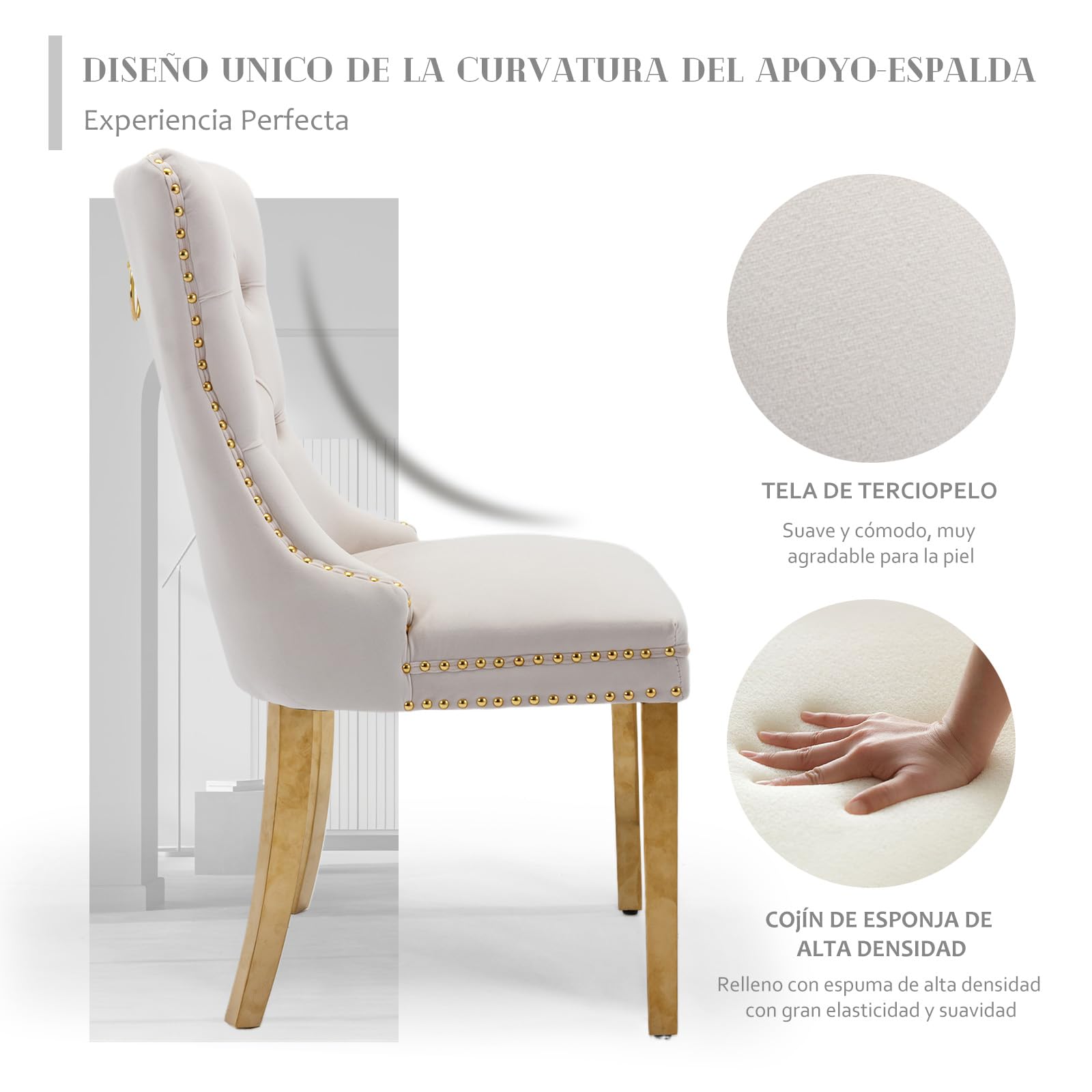 SoarFlash Sillas de Comedor en Terciopelo, con Espaldar ala Acolchado, Remaches de Clavos, Forro Remachado, Aro Decorativo Trasero y Patas en Metal Dorado, Juego de 6, Beige
