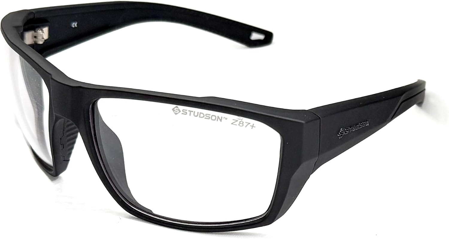 STUDSON Guardian Safety Glasses - ANSI Z87+ Rated Impact Protection - Scratch-Resistant Polycarbonate Lenses - Adjustable Non-Slip Fit - Lightweight Wraparound Frame - One Size (Black/Clear)