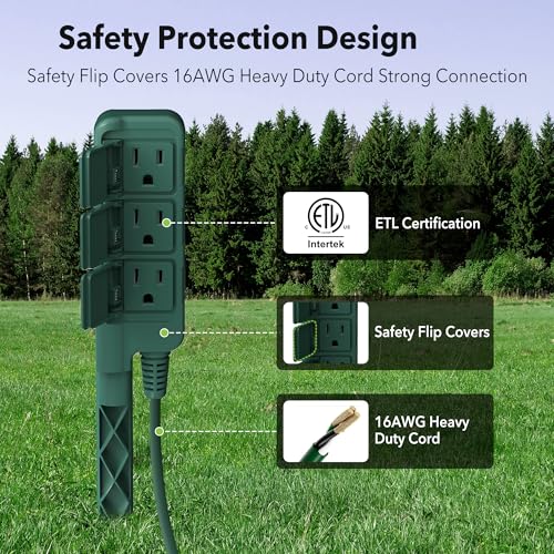 HBN Outdoor Power Stake Waterproof with 6FT Long Extension Cord, 3 Grounded Outlets Yard Power Strip with Protective Covers, Electrical Power Stake with Multiple Plug Socket for Garden Decoration