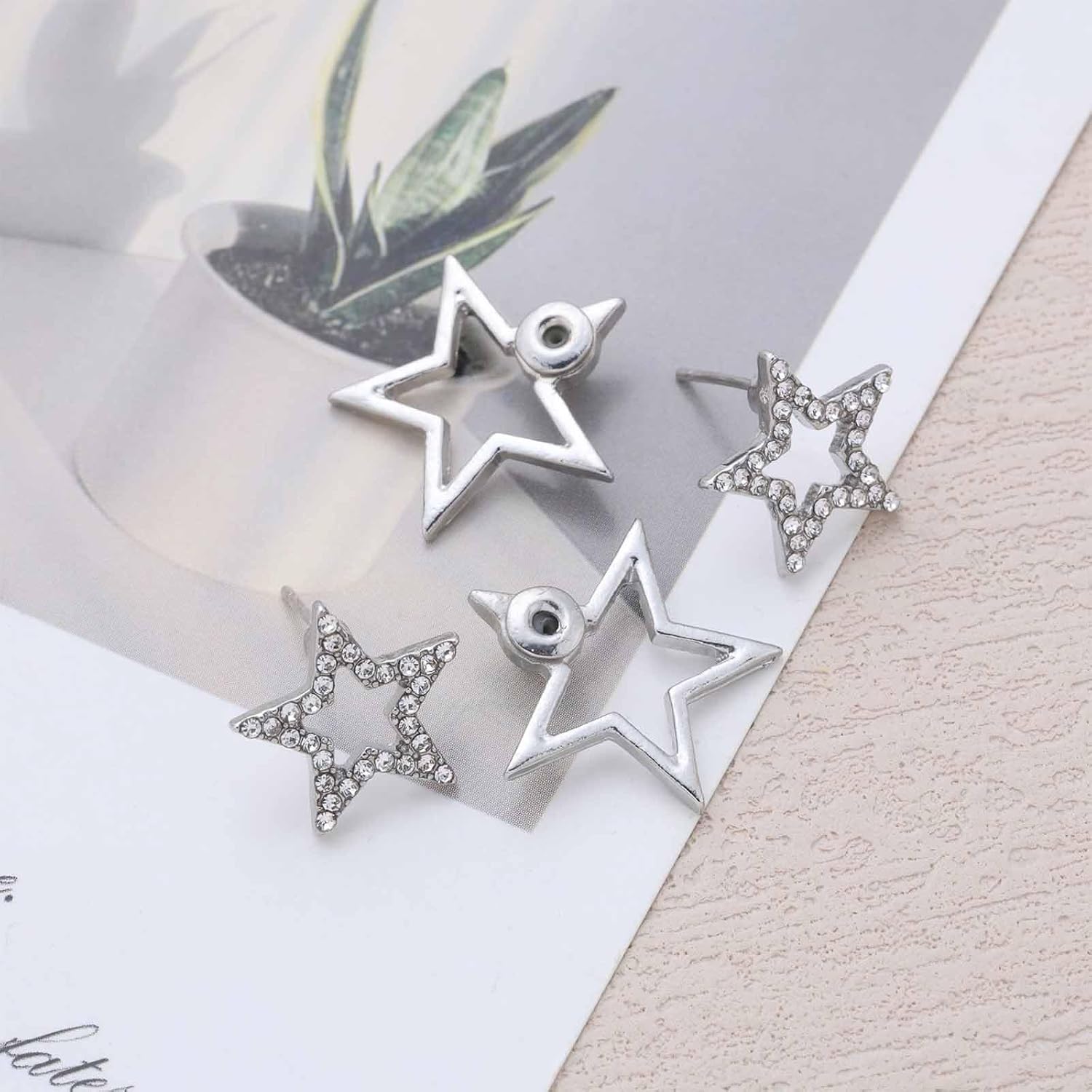 Vintage Gold Crystal Star Earring Star Ear Jacket Earrings Cz Celestial Earring Hollow Stars Stud Earrings Front Back Beads Double Sided Stud Jewelry for Women - Image 4