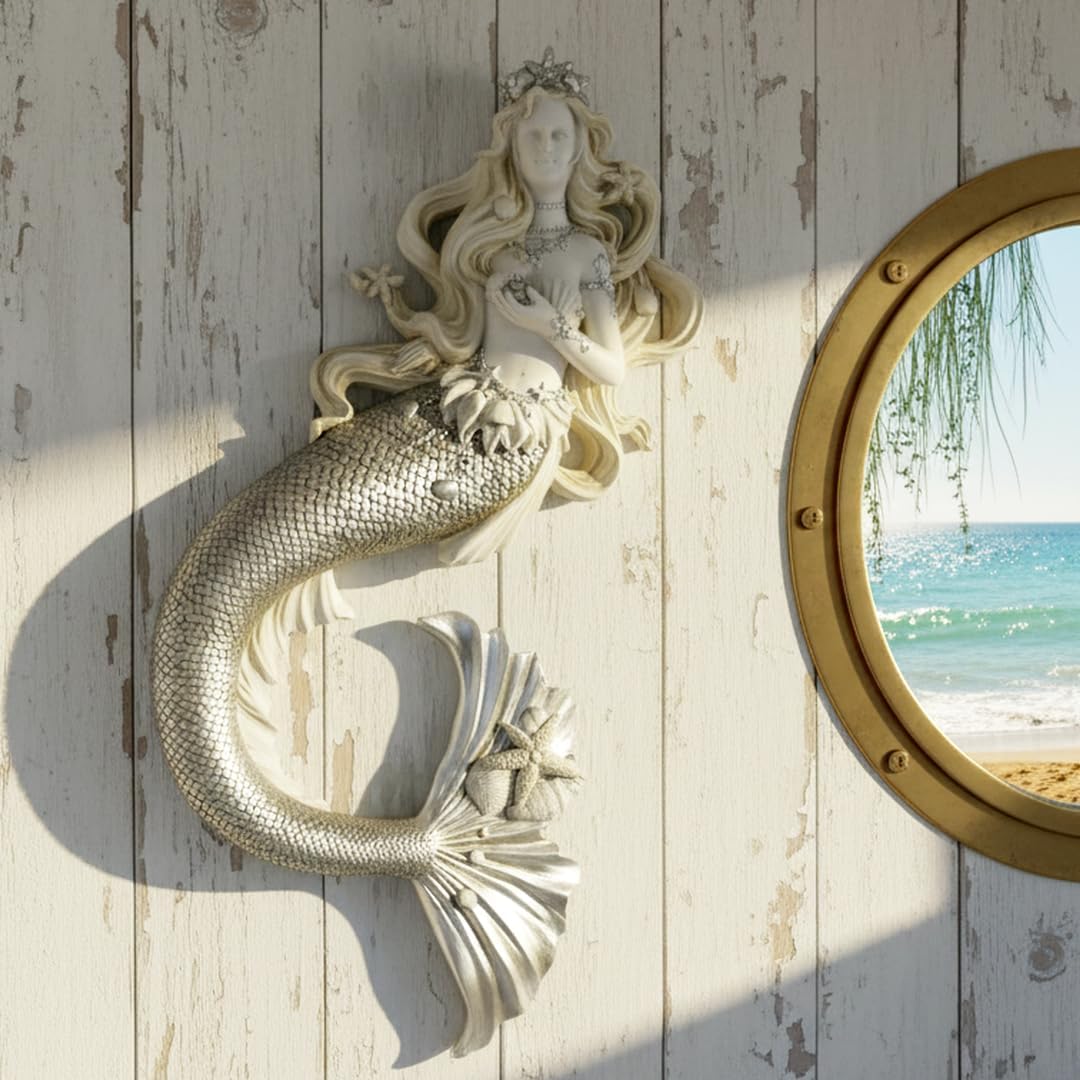YHHRESINHOME 16-inch Mermaid Statue Wall Mounted Sculpture Wall Decoration Indoor Outdoor Sculpture Mermaid For Patio Backyard Decoration