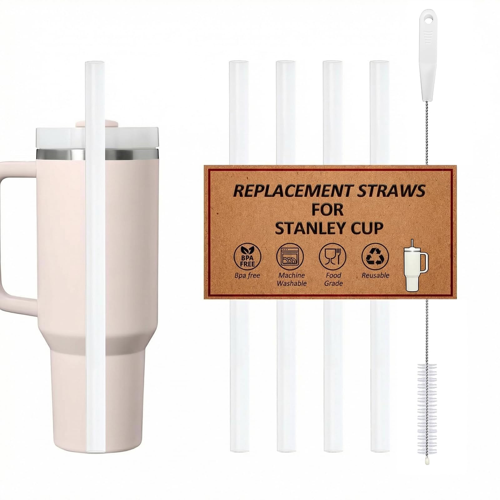 Reusable Straws for Stanley Cup 30oz | 40oz, Replacement Long Straw with 1 Brush for Stanley Cup Accessories，Food Grade & BPA Free, Machine washable（4 pack，30oz, Transparent White）