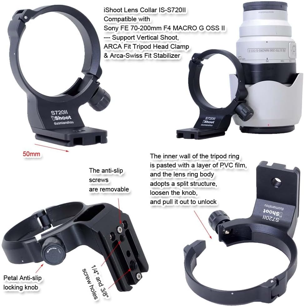 Metal Lens Collar Tripod Mount Ring Compatible with Sony FE 70-200mm F4 Macro G OSS II, Lens Support Holder Bracket Bottom Arca-Swiss Fit Quick Release Plate for Arca Clamp Head & Stabilizer