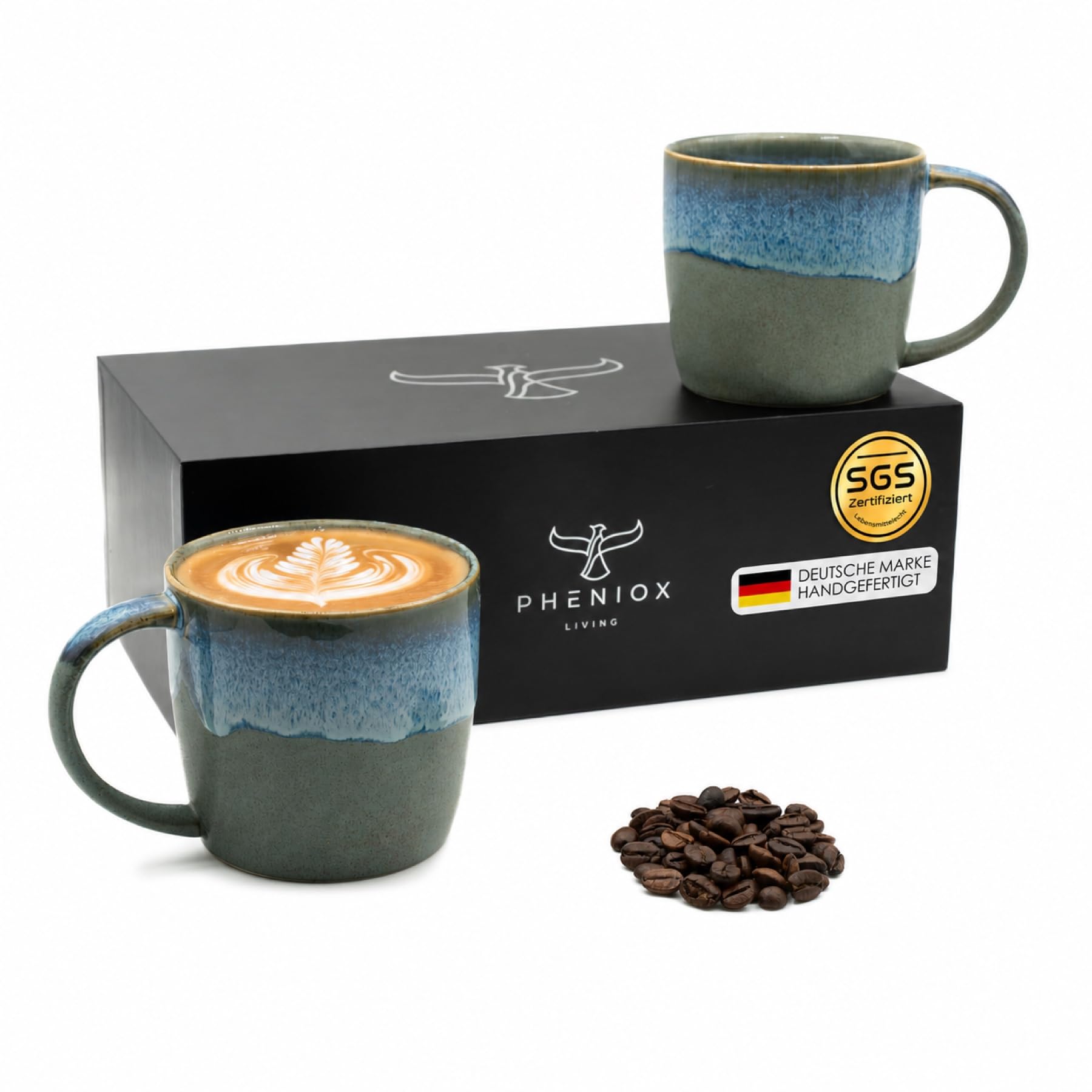 Pheniox Lot de 2 tasses à cappucino Ocean de 350 ml - En faïence de qualité supérieure - Sans anse - Passe au lave-vaisselle - Café - Cappuccino - Thé - Cadeau pour homme et femme