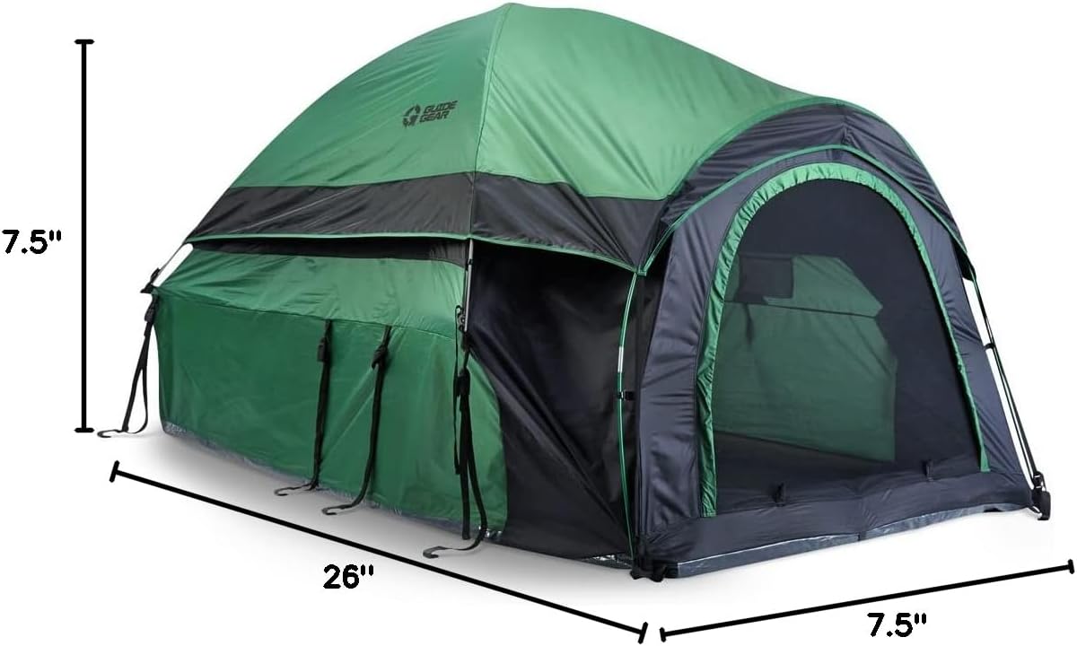Diagram showing the dimensions of the Guide Gear Truck Tent: 26 inches long, 7.5 inches wide, 7.5 inches high when packed.
