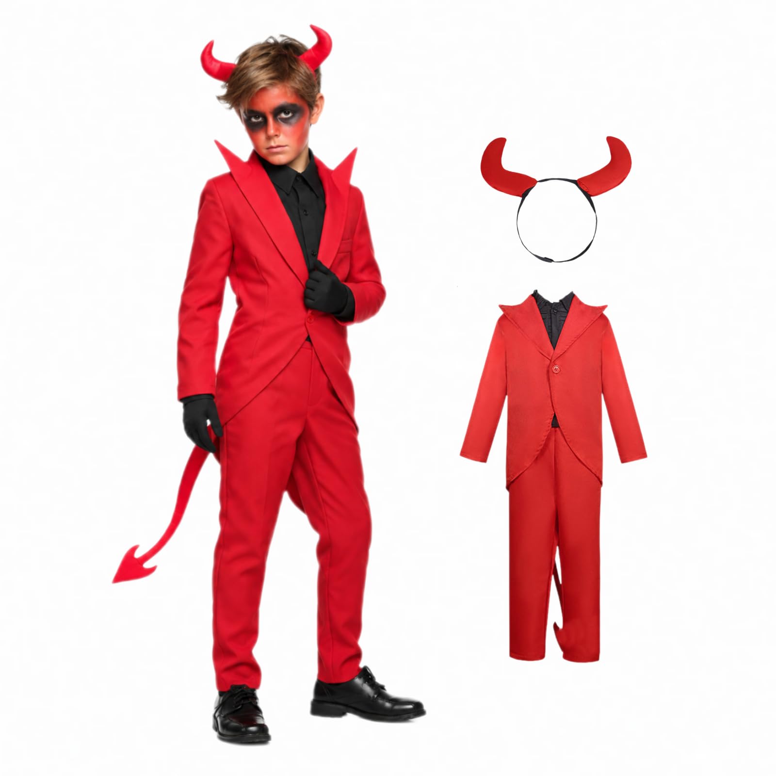 Devil Boys Costume Red Suit with Tailcoat, Pants, and Horns Halloween Costume for Kids — image 1