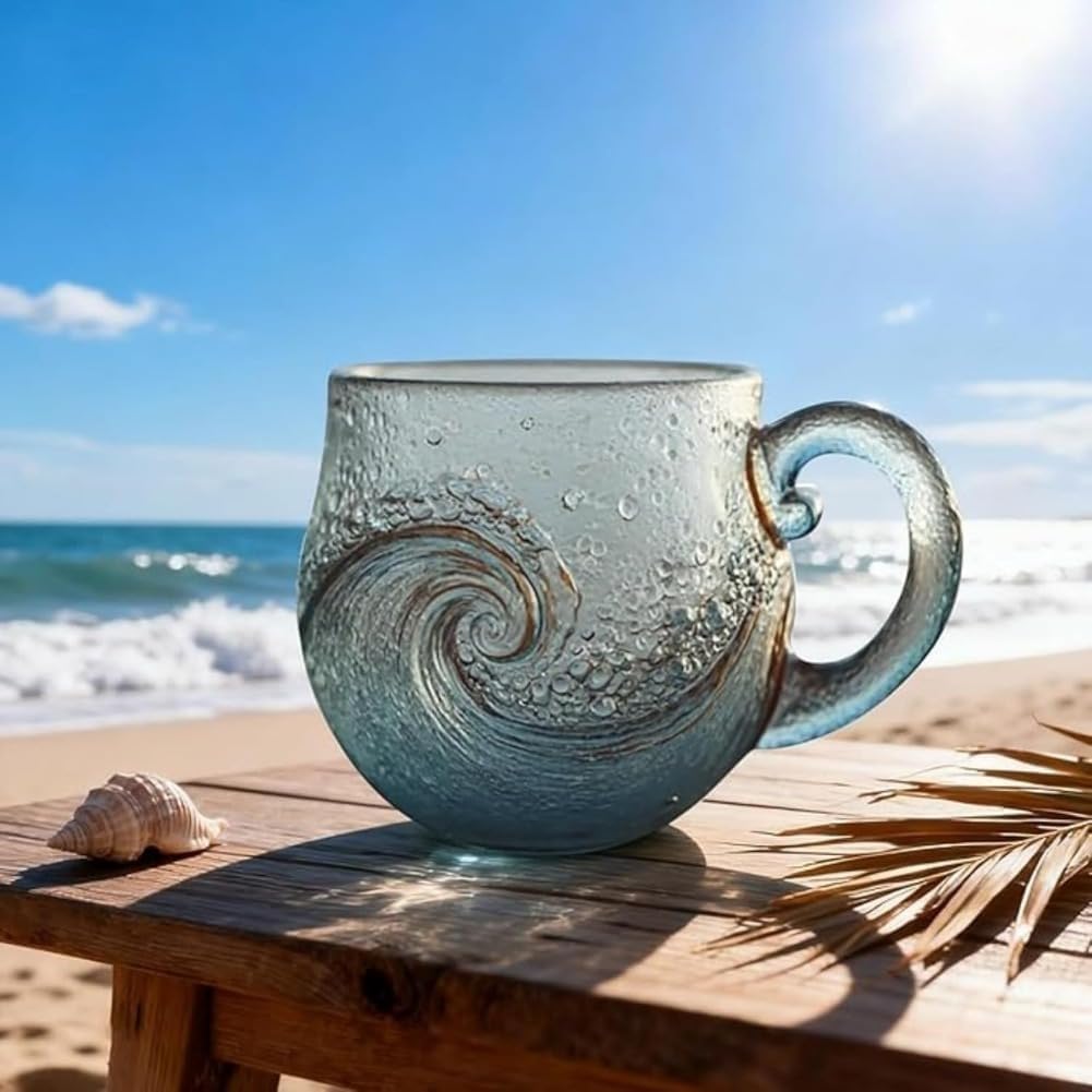 Taza de vidrio de mar hecha a mano con textura de ola de playa para té, café y cócteles, bebidas de vidrio, 12 onzas (2)