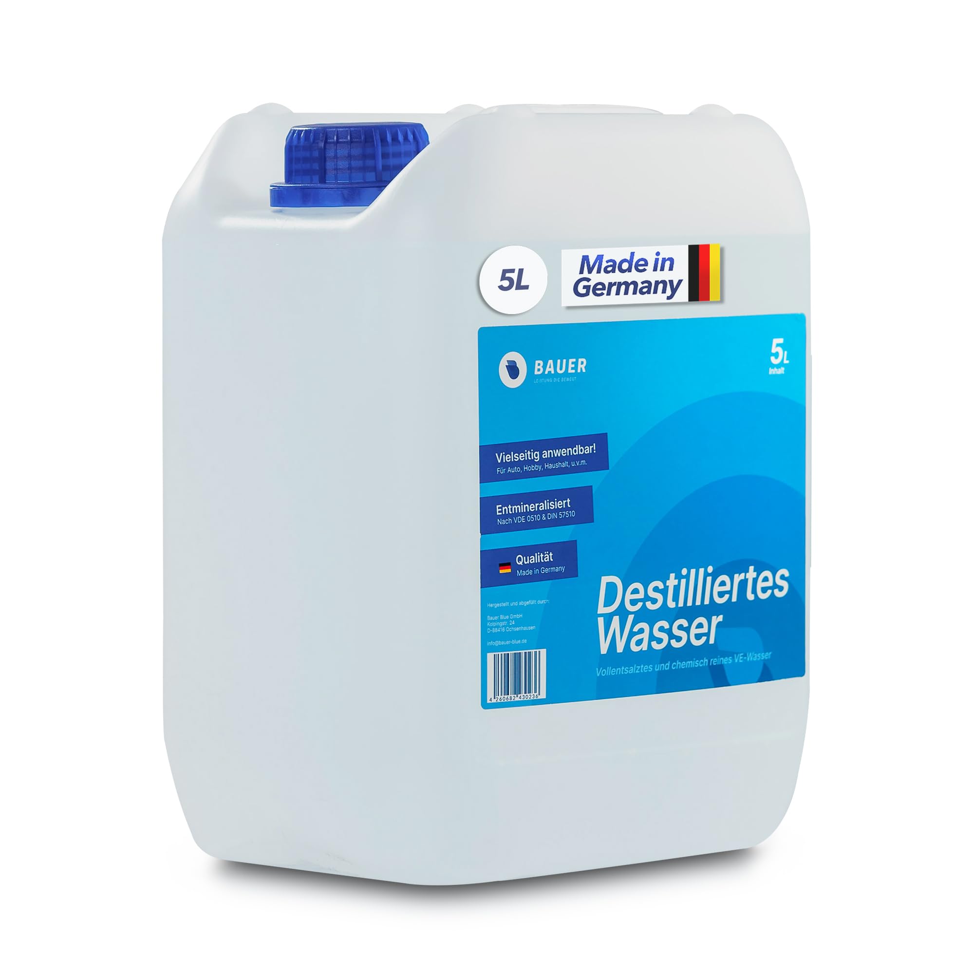 Bauer Blue Destilliertes Wasser, Demineralisiert nach VDE 0510 & DIN57510, Ultra-Hochrein für Industrie und Haushalt, Vollentsalzt und Entmineralisiert, Made in Germany, TÜV-Geprüft, [1x5 Liter]