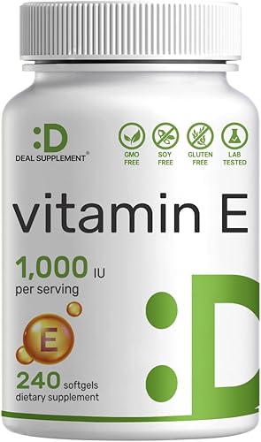 Suplementos de vitamina E, 1,000 UI por porción, 240 cápsulas blandas, protección antioxidante extra fuerte, forma estable biodisponible, apoyo para