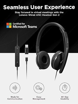 Lenovo Wired ANC Headset Gen 2 (Teams) with Active Noise Cancellation, EPOS BrainAdapt & ActiveGard Tech, Lightweight, USB-C, Plug-and-Play, Zoom Certified, Customizable, Hearing Protection | Includes USB-A converter, travel pouch and for calls, storage and protection