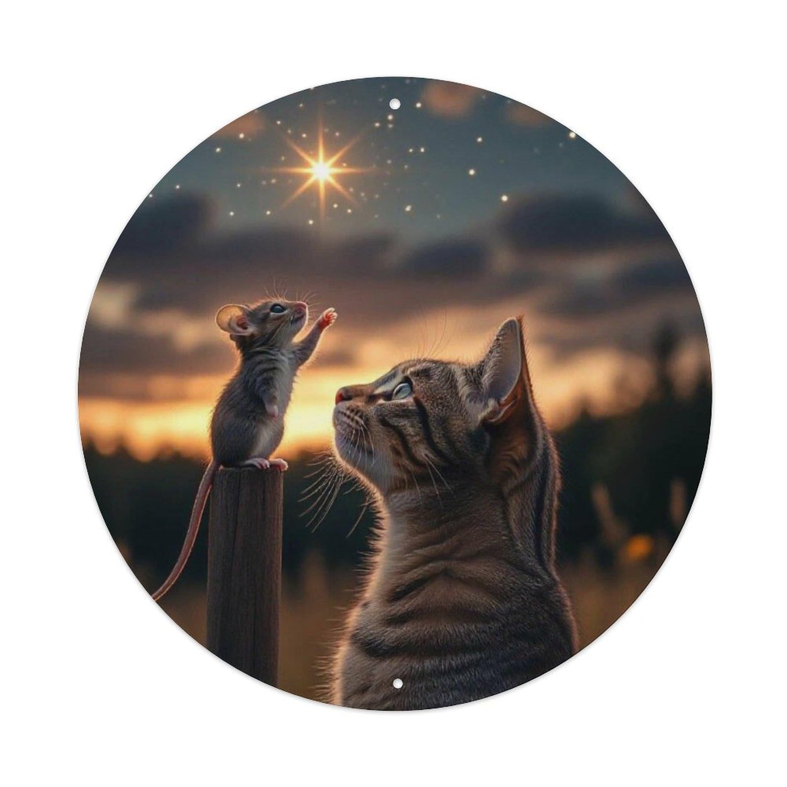 Animal Cat And Mouse Starry Sky Cute Whimsical Nature Vintage Metal Tin Sign Plaque Wall Decor for Cafe, Club Bar, Office, Garden Metal Poster 8x8Inch
