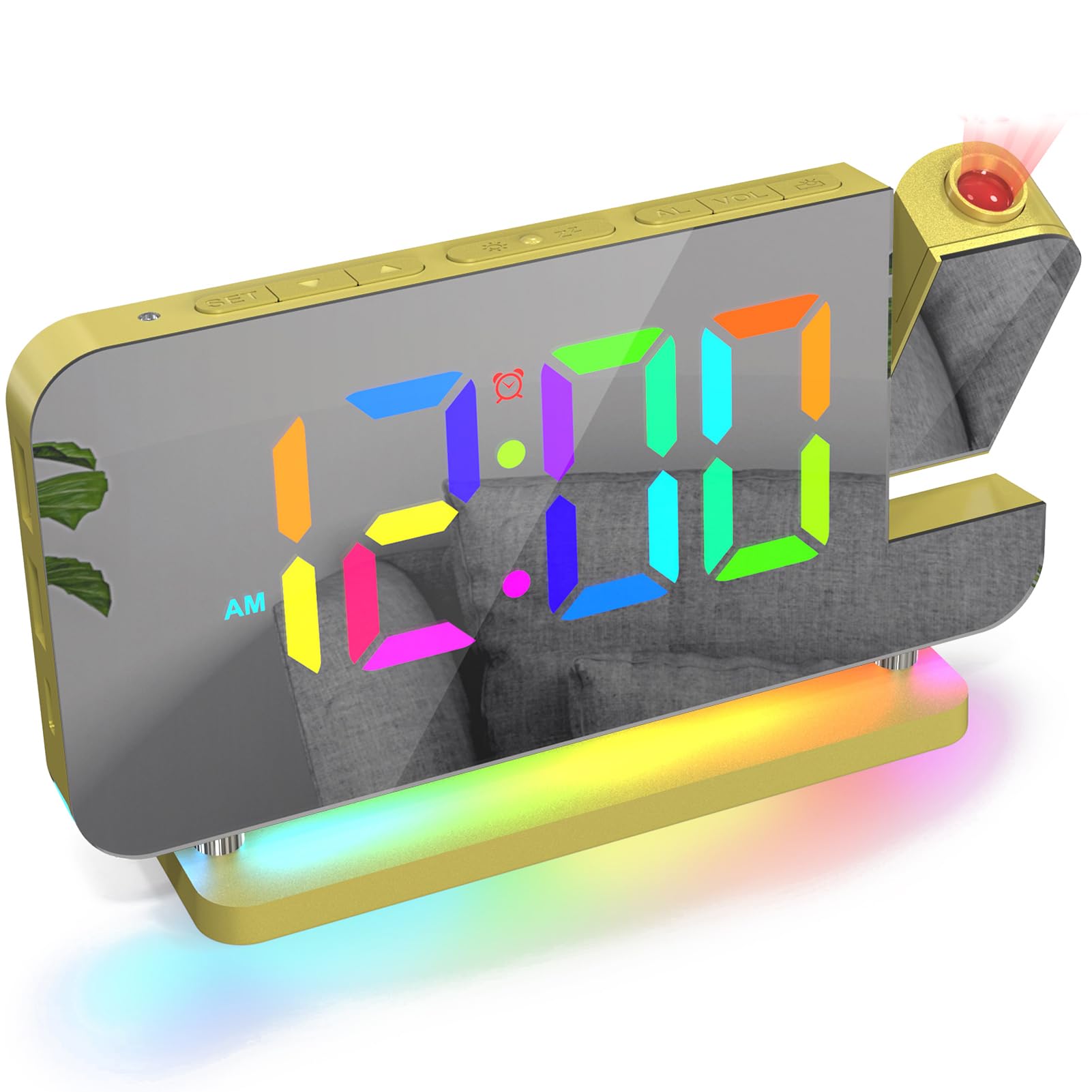 ThreeH Digital Rainbow Alarm Clock Projection Alarm Clock with Colorful Night Light Mirror Surface for Makeup Dimming Mode Snooze Function Gold