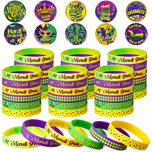 60 Pcs Mardi Gras Party Favors Includes 30 Mardi Gras Rubber Bracelets Silicone Wristbands and 30 Button Pins Badges for Carnival Birthday Party Supplies Decorations Goodie Bag Stuffers Fillers