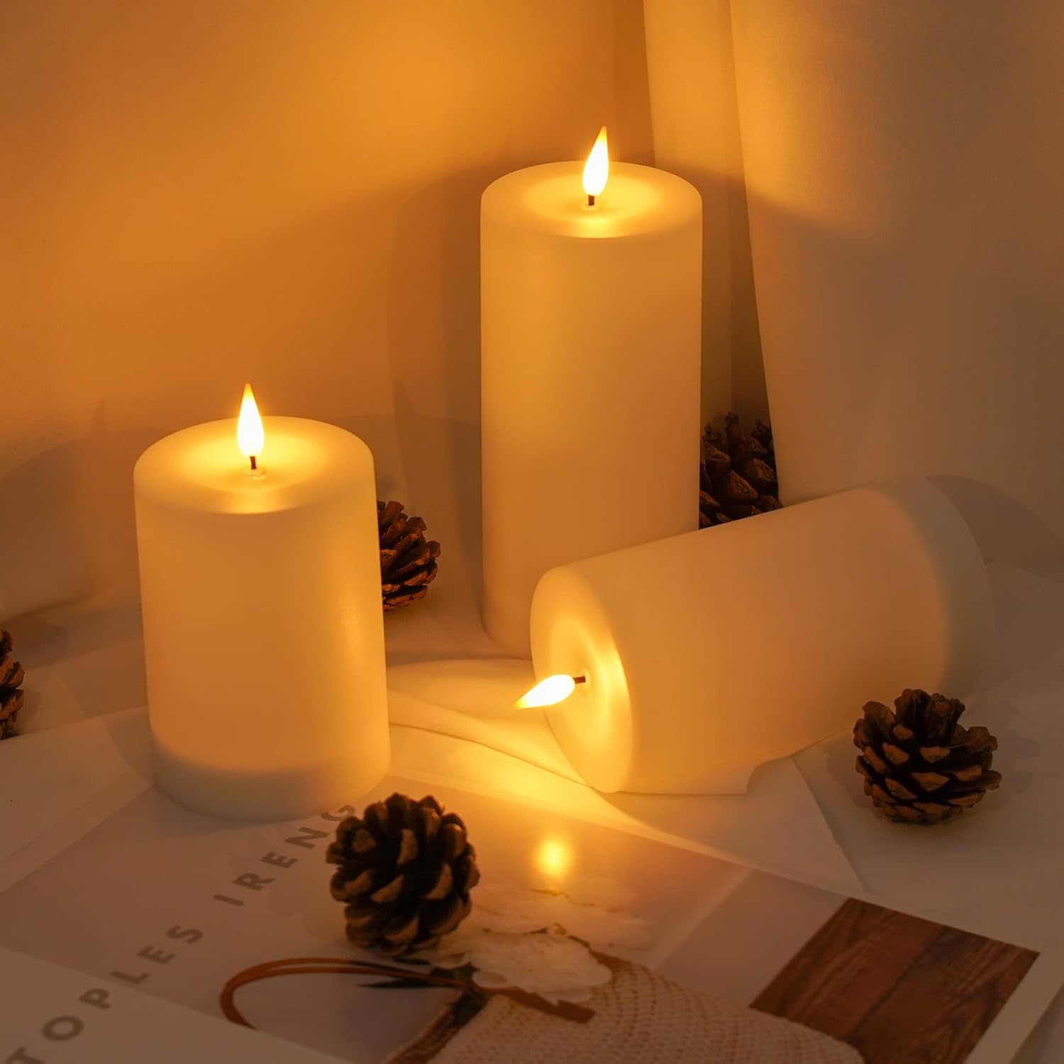 Solar Candles Outdoor Waterproof: Flameless Flickering Pillar LED Candles Set of 3 Dusk to Dawn Rechargeable Sensor Lights 3x4/5/6 Inch White - Image 6