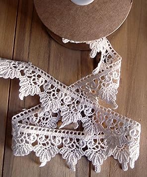 PoshNPretty 1.75" Vintage Style Droplets Embroidered Ivory Cotton Floral Crochet Lace Trim Ribbon - 5 Yards
