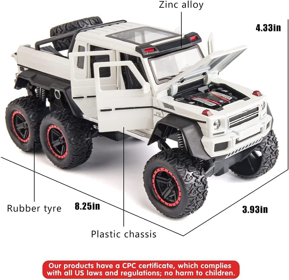Image of 1:22 AMG 6x6 Diecast Metal Toy Car Model for Kids Pull Back Action Openable Doors with Light & Sound Features Durable Alloy Vehicle Collectible & Giftable (White)