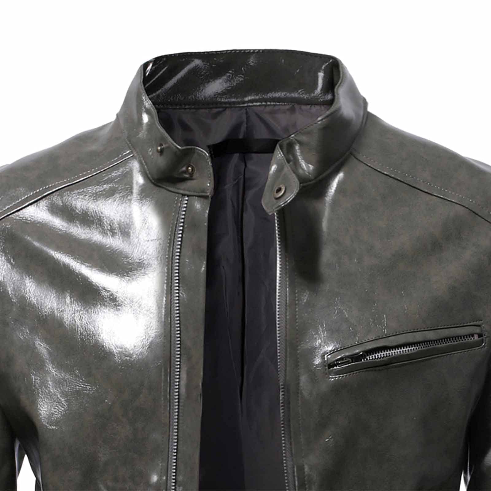Chaqueta de cuero con cremallera para hombre, informal, color sólido, cuello alto, chaqueta de cuero, chaqueta delgada y ligera, ropa de calle