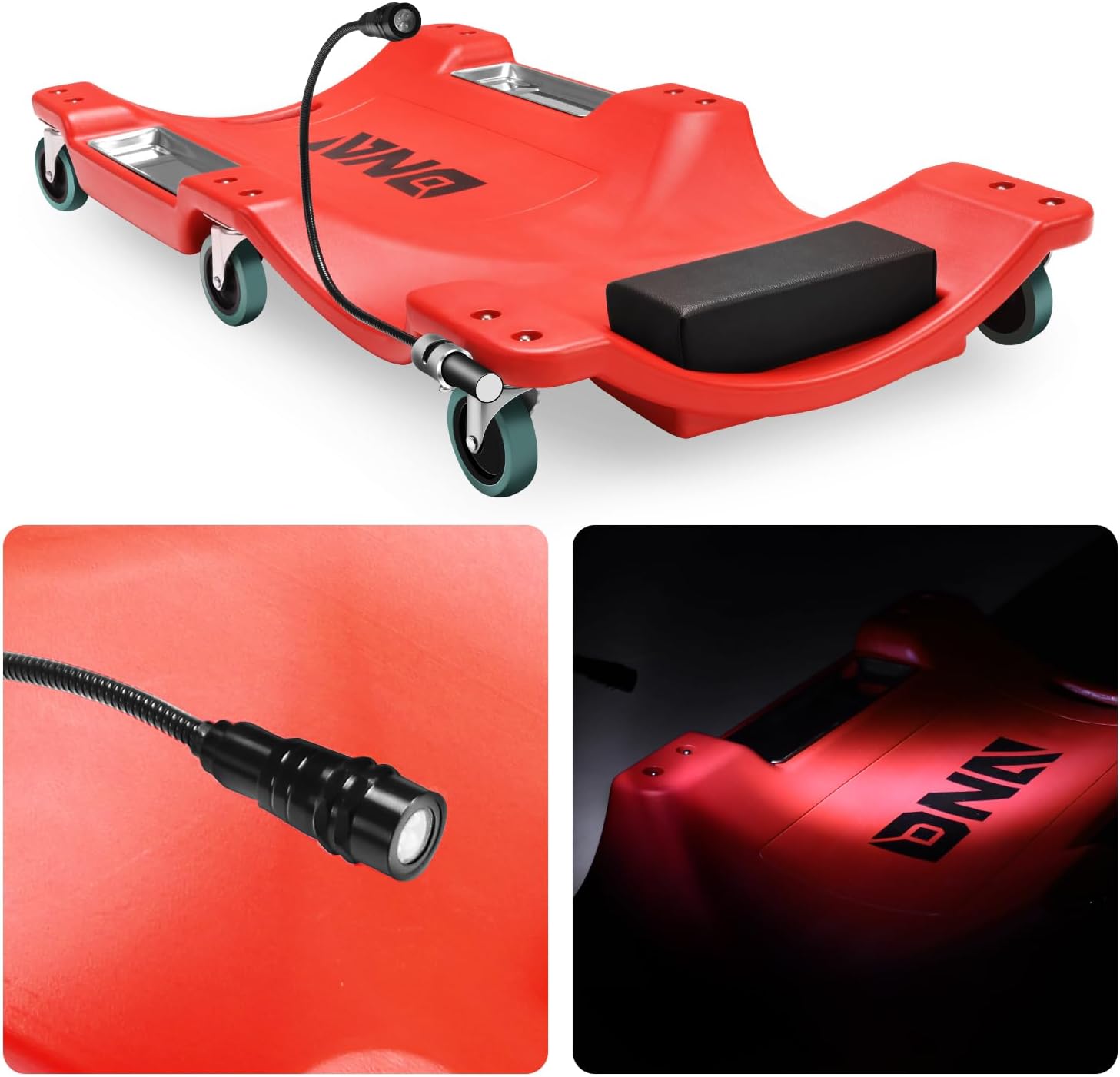 DNA Motoring 40 Inch Low Profile Plastic Rolling Garage Shop Floor Creeper with LED Light, Padded Headrest, Dual Tool Trays, Casters, Red, TOOLS-00389