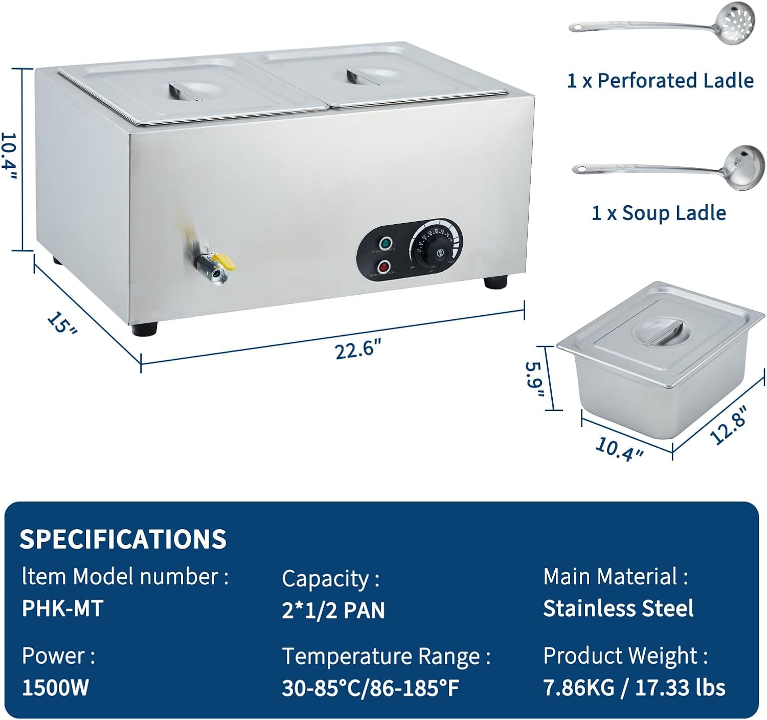 1500W Stainless Steel Commercial Steam Food Warmer with 2-Pan Bain Marie - Warming Trays for Buffets Party, Food Warmers for Parties Buffet Electric, Electric Buffet Servers and Warmers for Catering